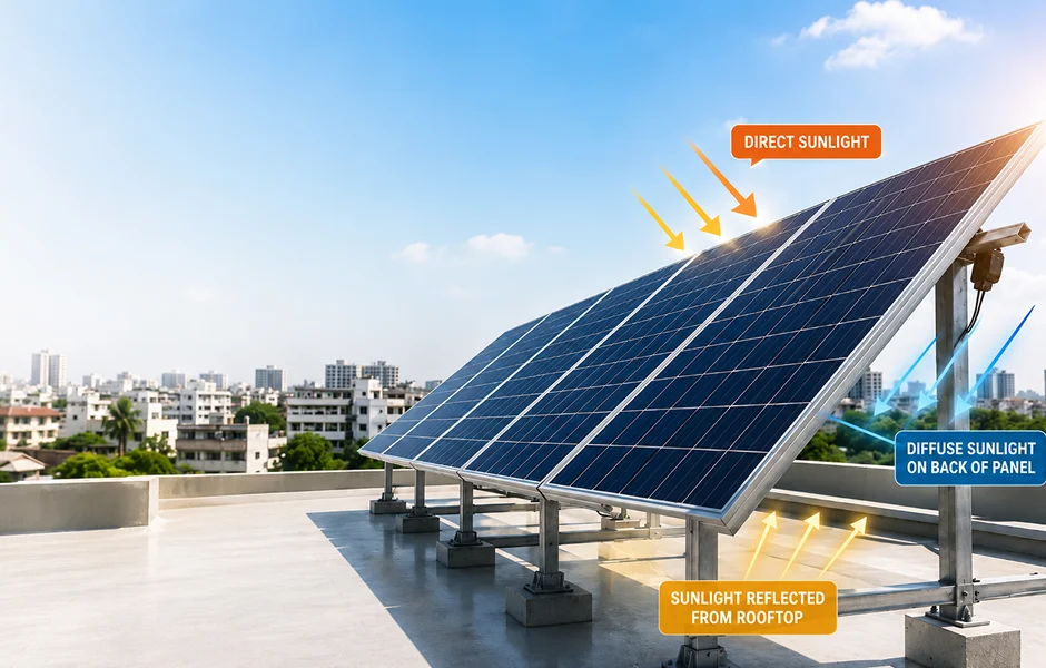 Bifacial solar panels installed on a rooftop in India