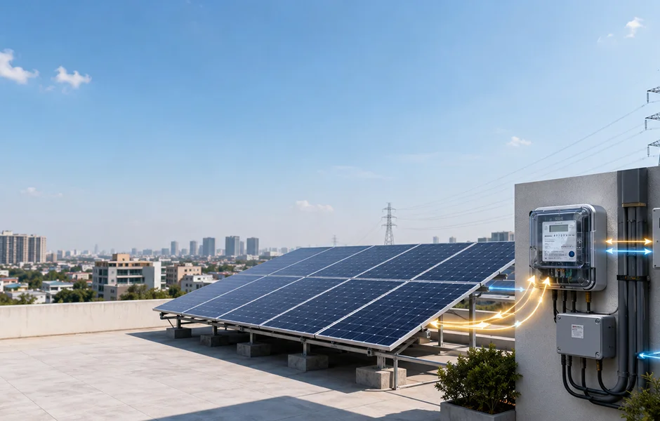 Net metering for solar in India explained with bi-directional electricity flow
