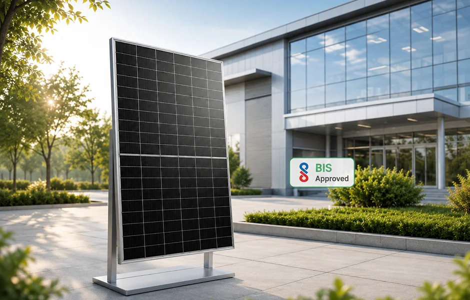 BIS certification mark on a solar panel label at a module manufacturing facility in India