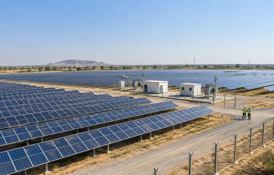 1 MW ground-mounted solar plant in India with rows of solar panels, showing the cost of a 1 MW solar plant in 2026