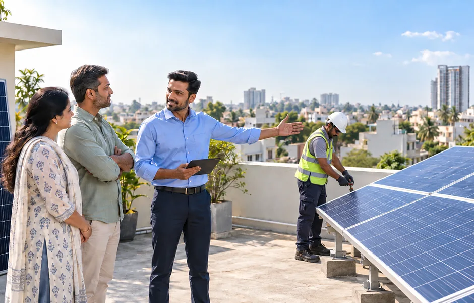 Solar panel dealer installing rooftop solar panels for a customer, showing a solar panel dealership business in India
