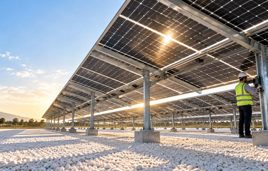 Rear view of raised TOPCon bifacial solar panels over light-coloured ground that reflects sunlight onto the back side