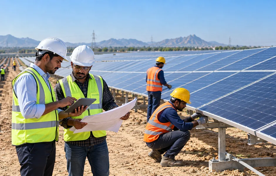 Solar EPC company team installing modules at a utility-scale solar project in India