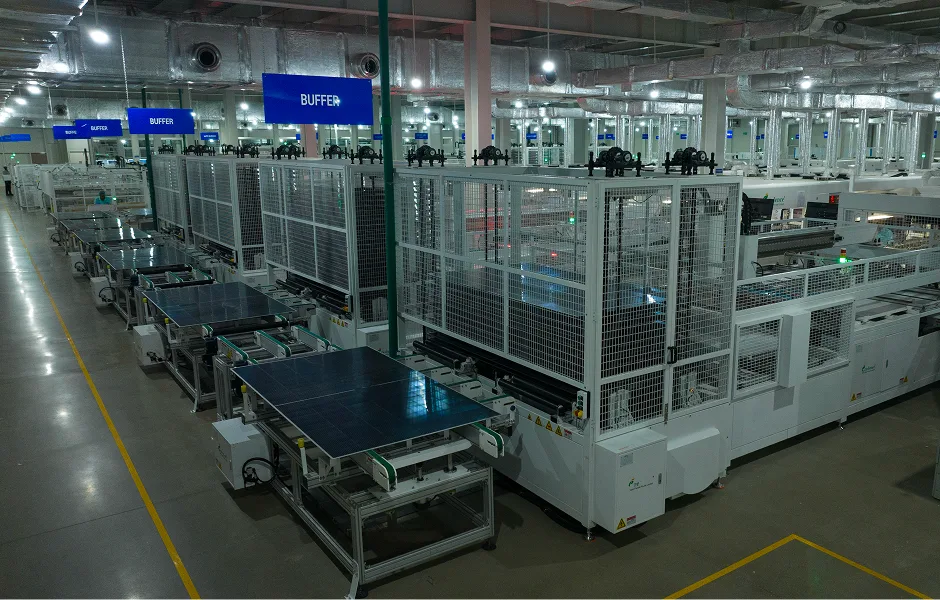 Automated solar panel manufacturing line with stringer and laminator inside an Indian module plant