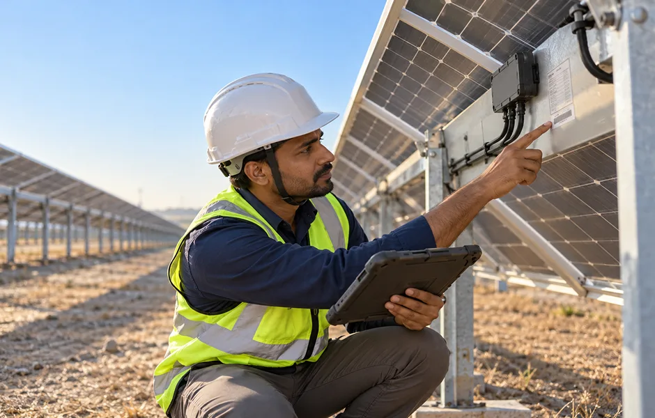 Technician inspecting a solar module label and serial number for a warranty claim in India