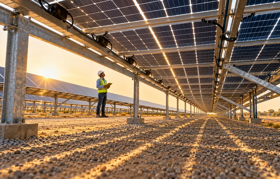 Glass-to-glass bifacial solar panels on an elevated structure at an Indian ground-mounted project