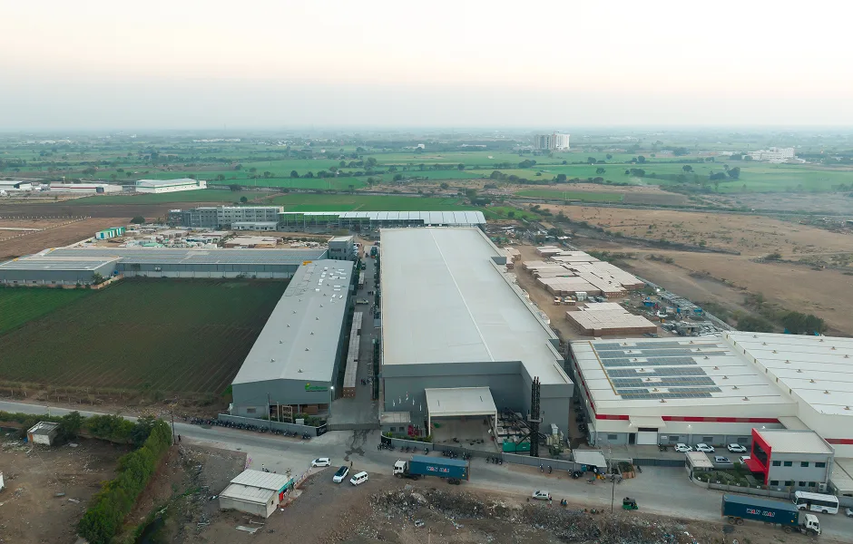 Solar module manufacturing facility in Rajkot, Gujarat, with automated production line running