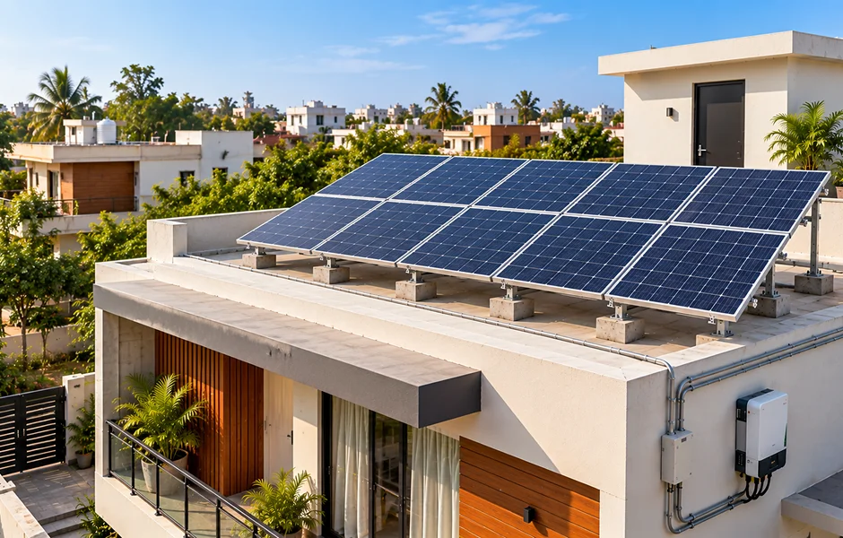 Technician installing a 3 kW rooftop solar system in India