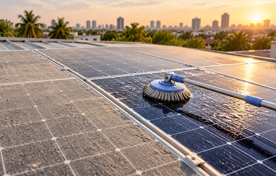 Technician inspecting and cleaning solar panels during a routine maintenance visit