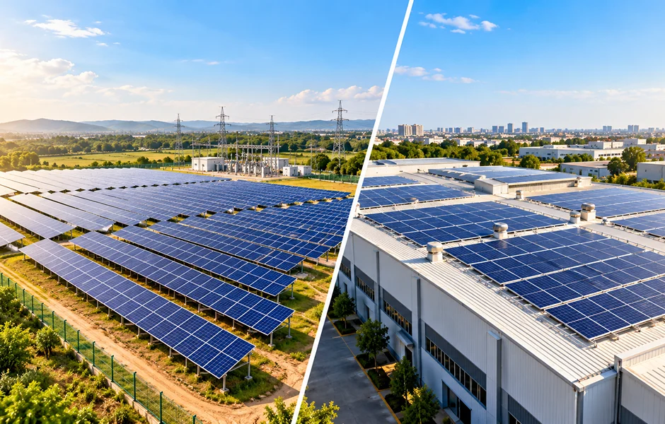 Ground-mounted solar power plant in India with rows of modules on elevated structures